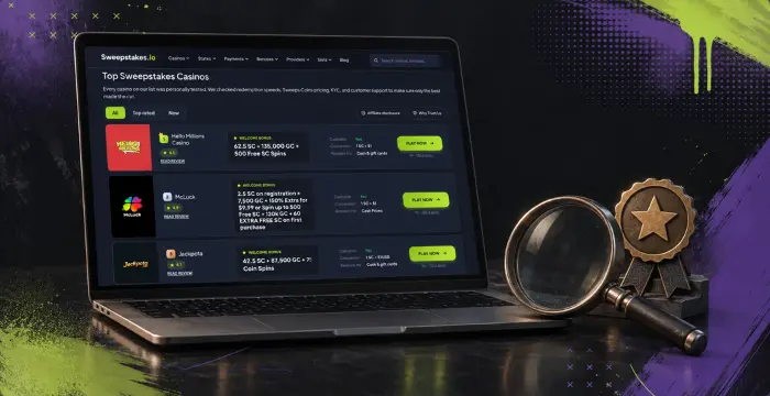 Top sweepstakes casinos on laptop with search magnifier and award badge