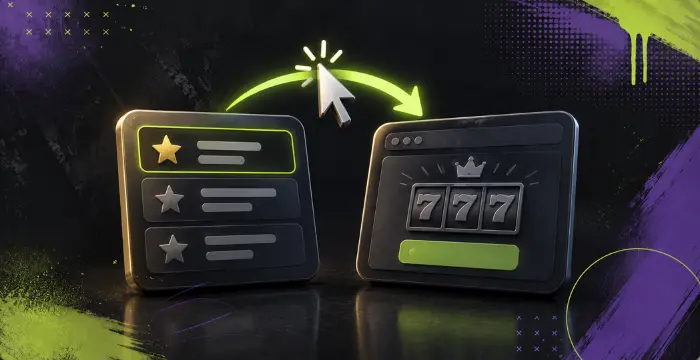 Casino selection interface leading to a 777 slot game with highlighted top choice