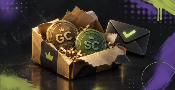 Gold Coins and Sweeps Coins in an open package beside a verified message icon