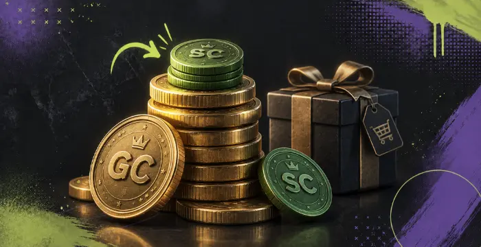 Gold Coins and Sweeps Coins stacked beside a gift box with shopping tag