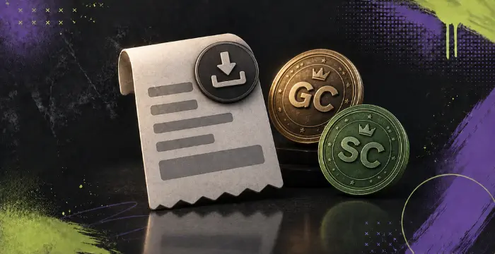 Purchase receipt with Gold Coins, Sweeps Coins, and download icon