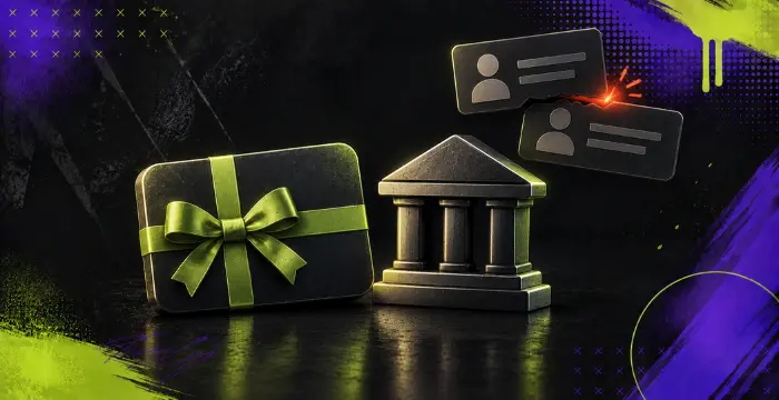 Gift card, bank icon, and identity cards for secure Sweeps Coins redemption