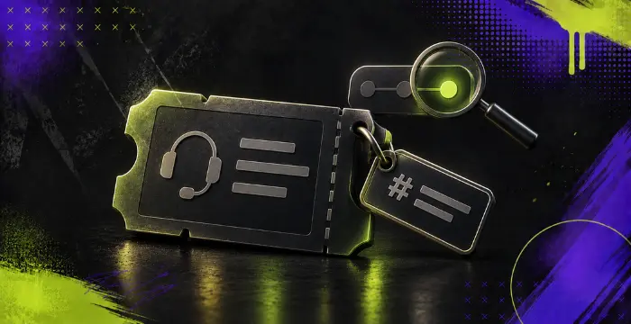 Support ticket with headset, reference tag, and search icon for Sweeps Coins redemption