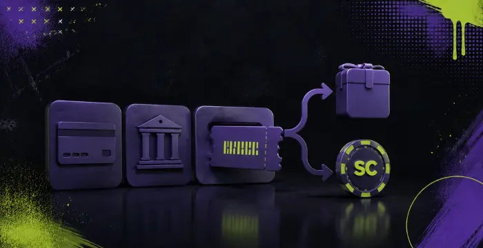 Card, bank and ticket icons leading to gift box and SC chip