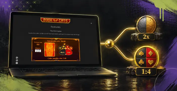 Laptop showing Book of Cats risk game with 2x and card suit icons