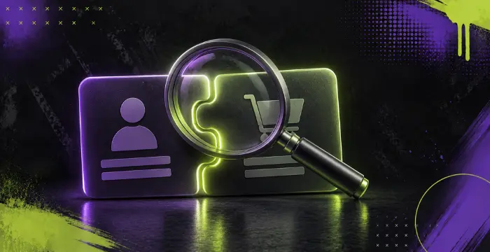 Magnifying glass over ID and shopping cart puzzle pieces