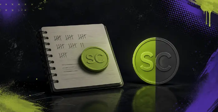 Notebook with tally marks and SC coin beside split SC coin