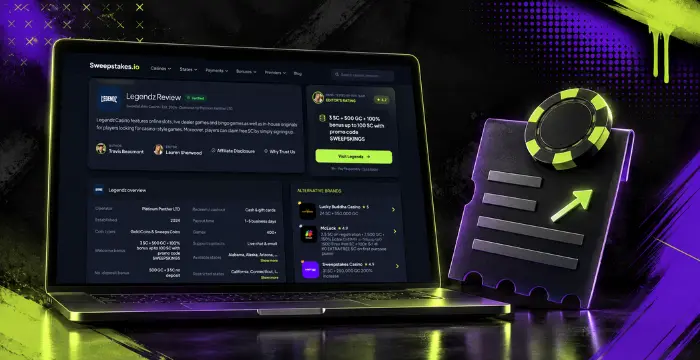 Laptop showing Legendz Review with glowing ticket and upward arrow