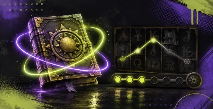 Ancient glowing book next to slot reels with win graph