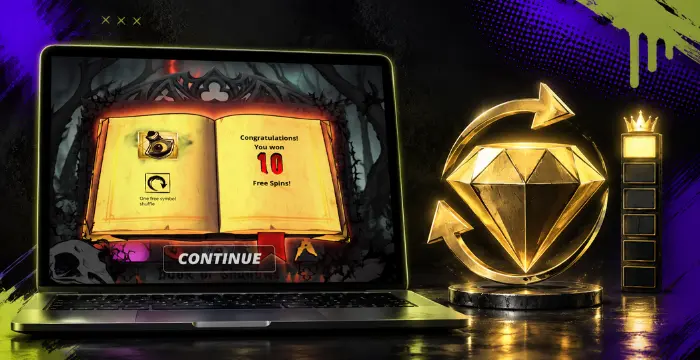 Laptop with Book of Shadows free spins win and diamond trophy