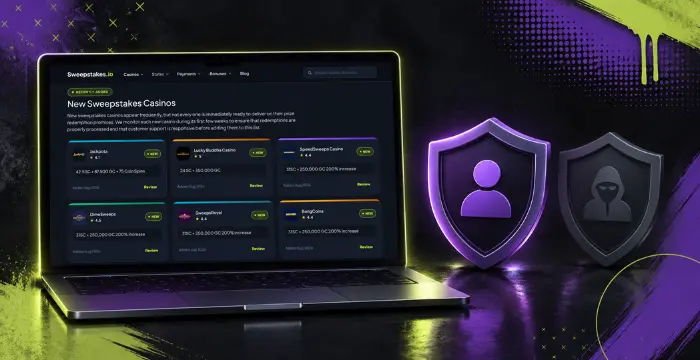 Laptop displaying New Sweepstakes Casinos with security shields