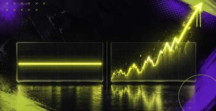 Flat line chart beside rising graph with upward arrow