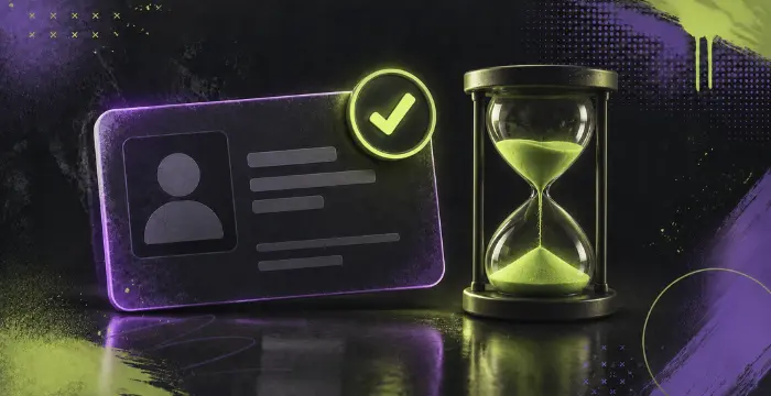 Verified ID card beside hourglass with green sand