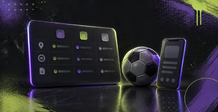 Tablet interface with soccer ball and smartphone on dark background