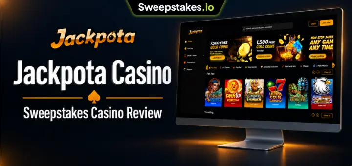 Jackpota casino review banner with desktop lobby screen.