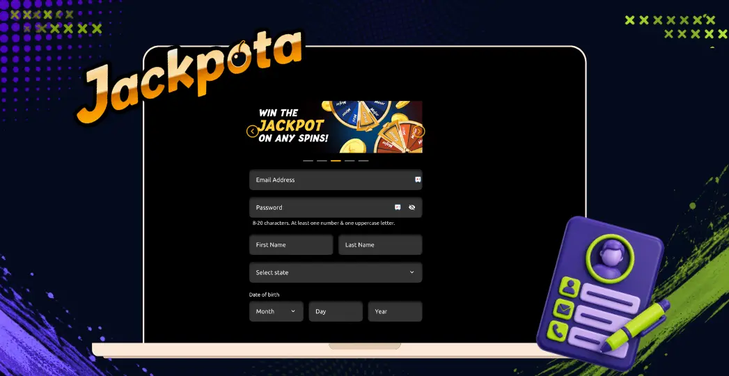 Jackpota registration form on desktop with account checklist icon.