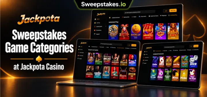 Jackpota sweepstakes game categories banner with laptop and tablet screens.