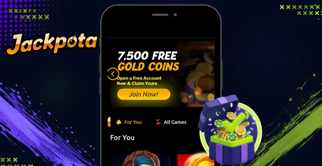 Jackpota mobile lobby with free gold coins bonus and SC chest.