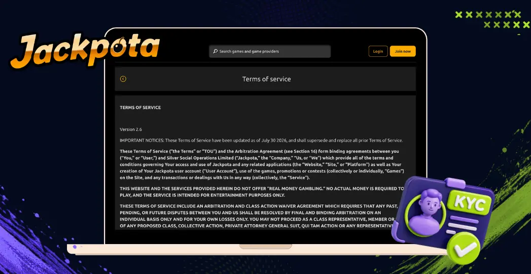 Jackpota terms of service page on desktop with KYC badge.