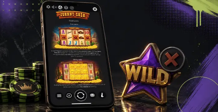 Johnny Cash slot features on mobile with Wild symbol, free spins, sticky wilds, and gaming coins