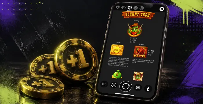 Johnny Cash slot paytable on mobile with +1 coin rewards, Wild and Scatter symbols