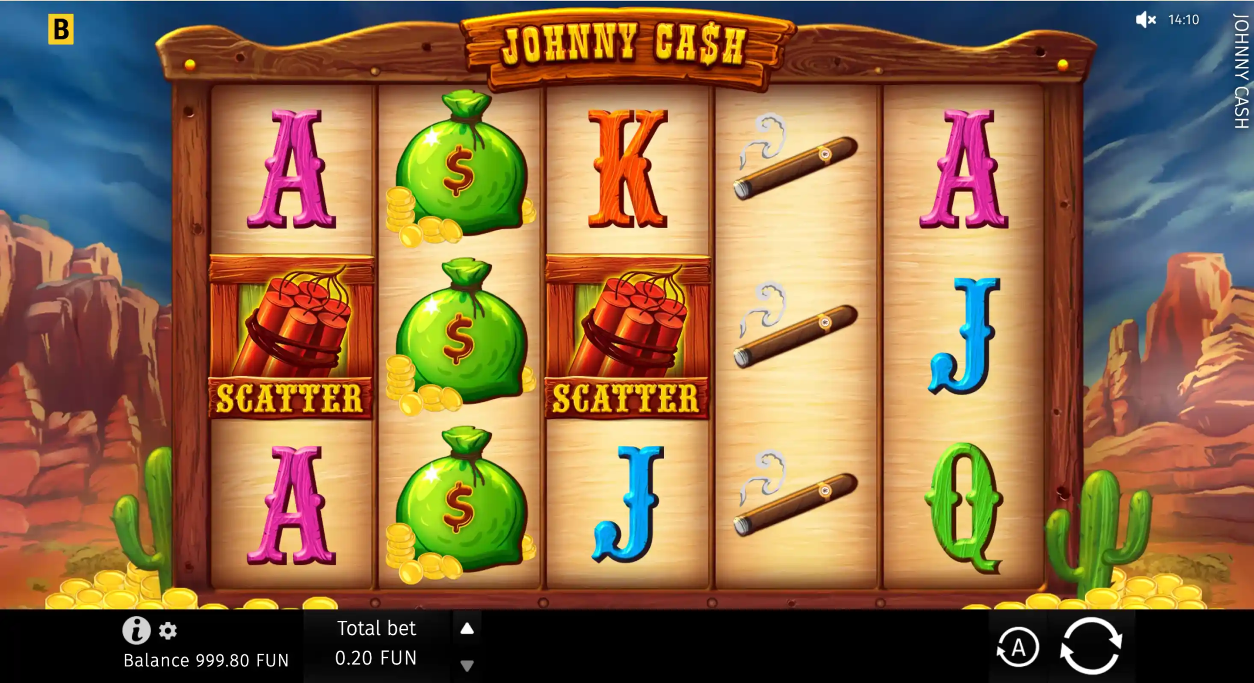 Johnny Cash slot game with money bags, Scatter symbols, and Western-themed reels