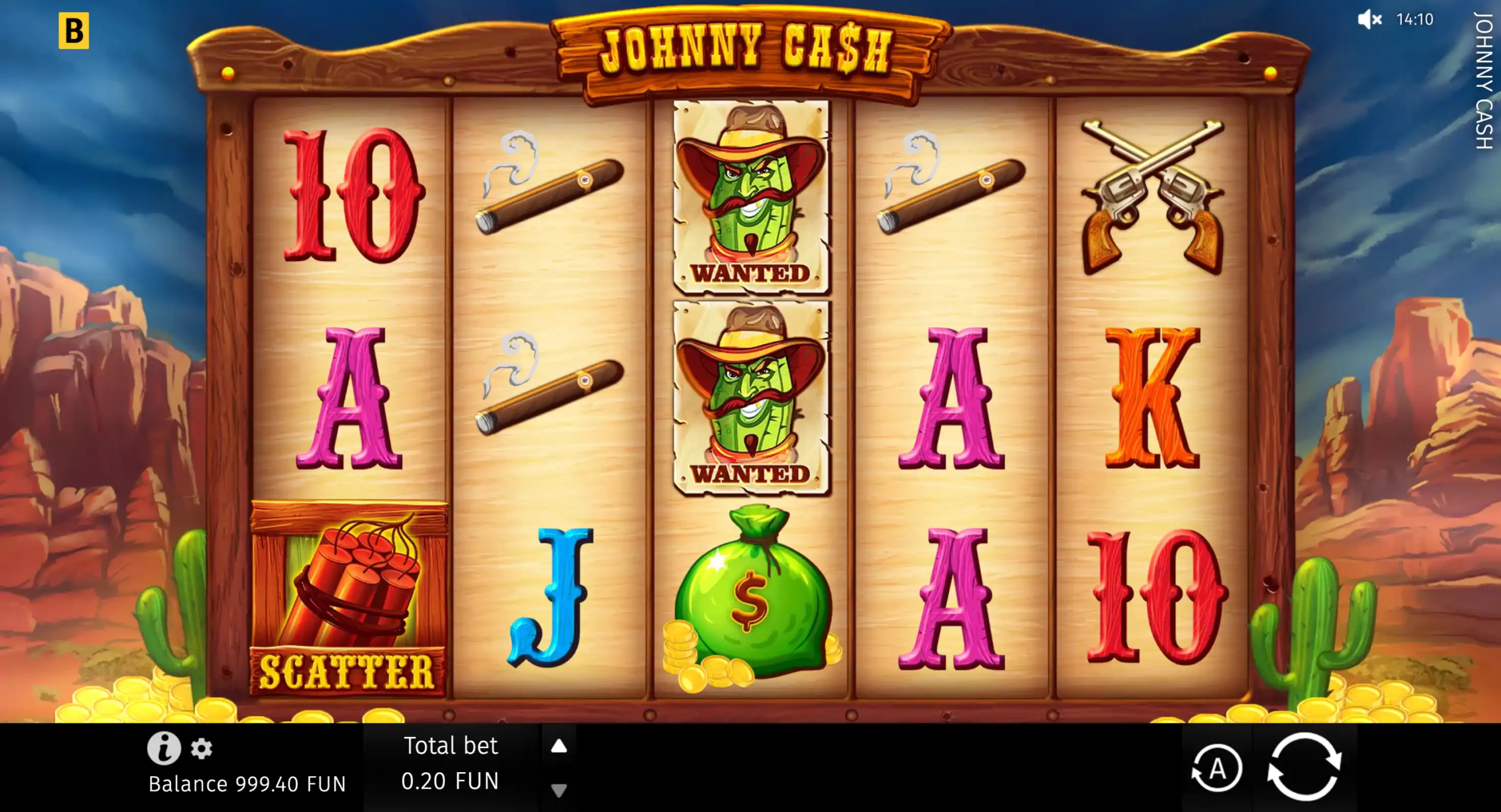 Johnny Cash slot with Wanted symbols, Scatter dynamite, money bag, and Western reels