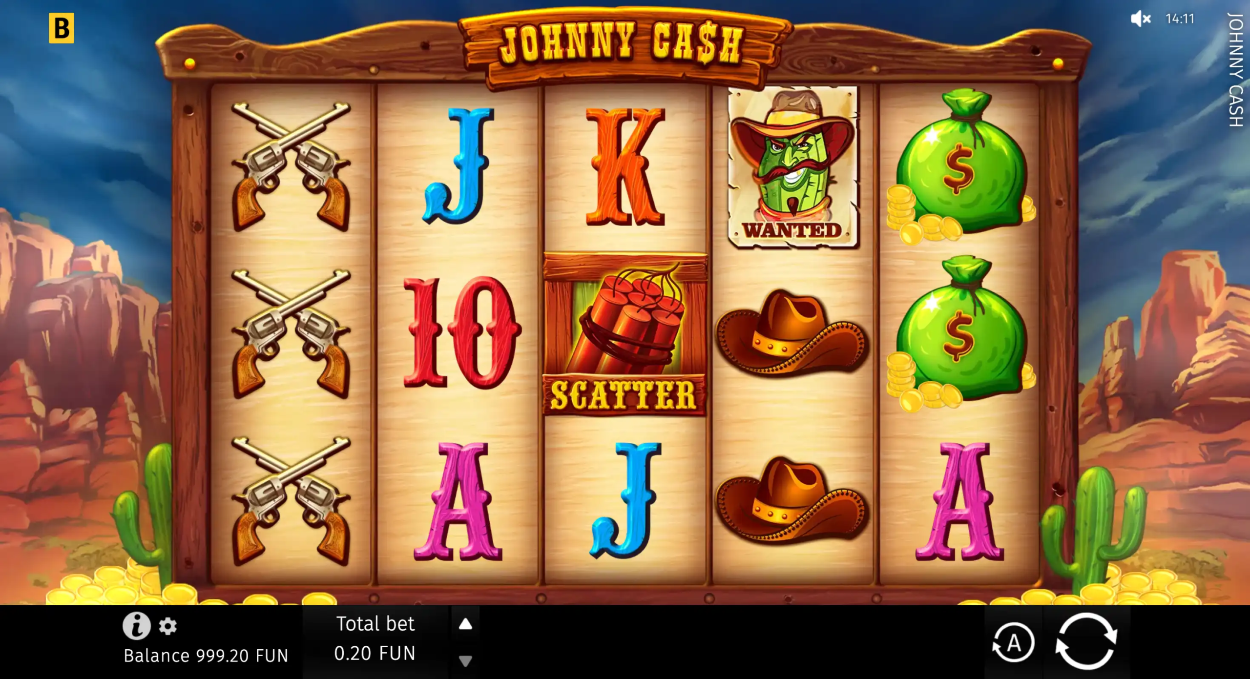 Johnny Cash slot with guns, Scatter dynamite, Wanted poster, money bags, and cowboy hats