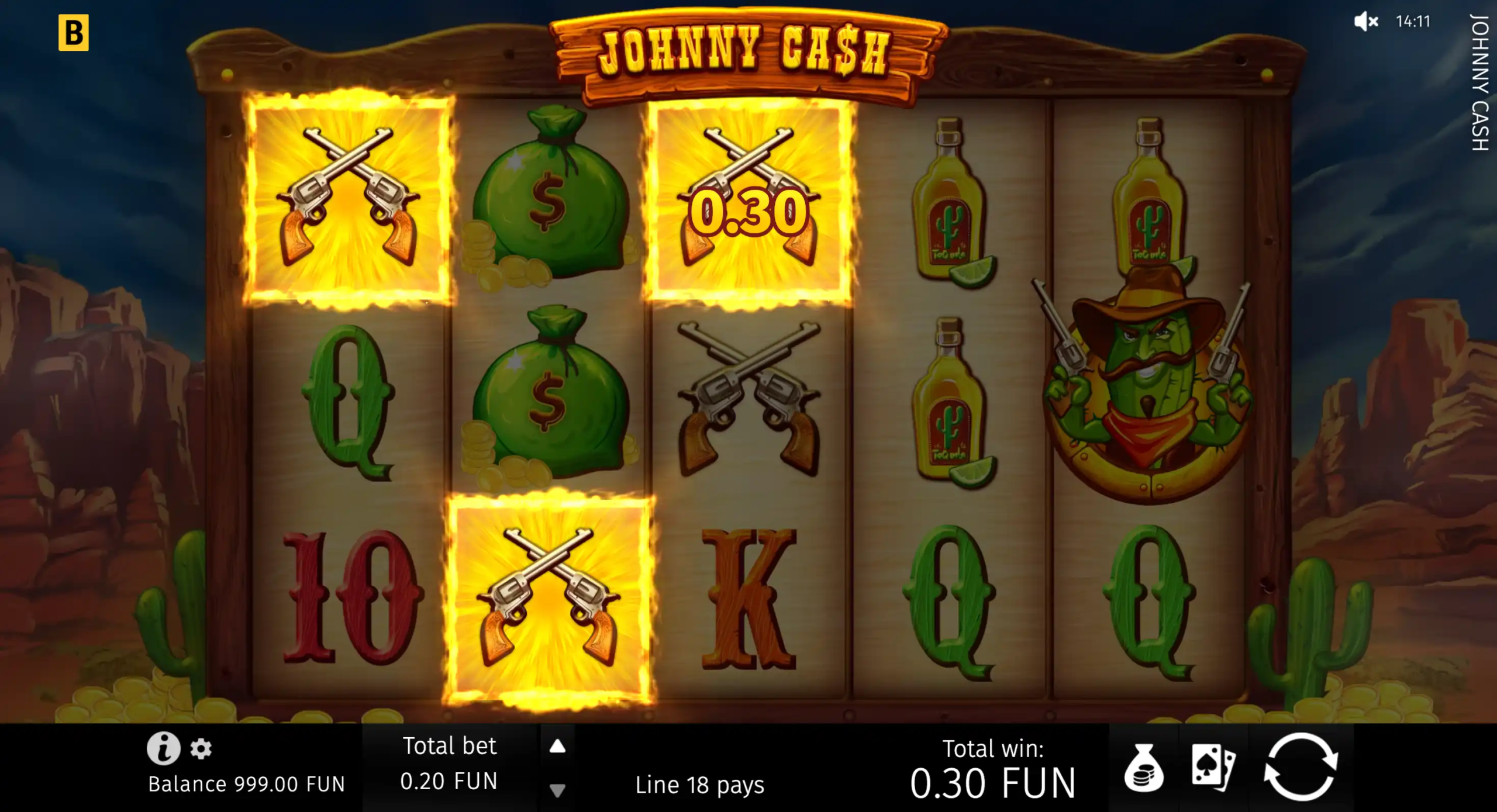 Johnny Cash slot with winning gun symbols, money bags, bottles, and 0.30 FUN win
