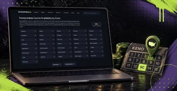 Keno sweepstakes availability by state on laptop with SC coins, Keno card, and location pin