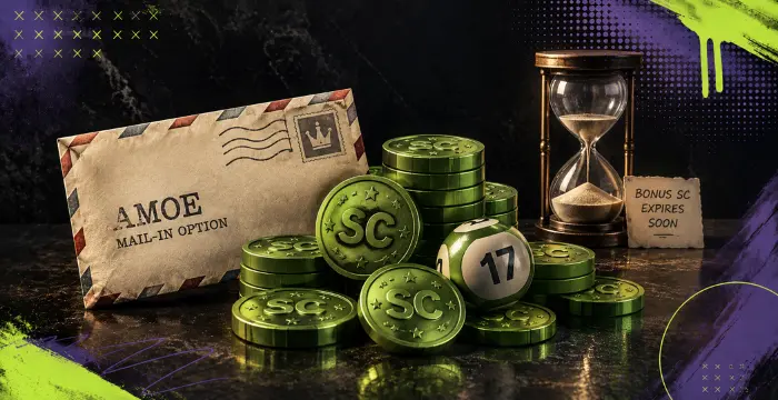 Keno mail-in option with Sweeps Coins, numbered ball, hourglass, and expiring bonus notice