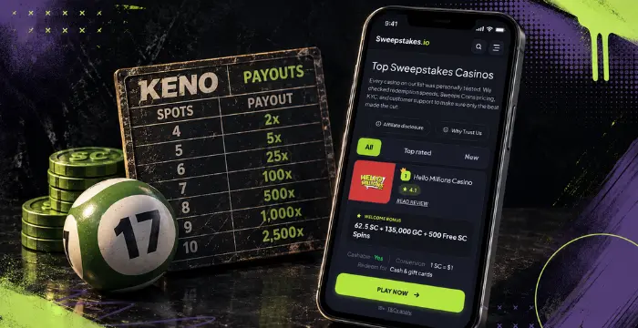 Keno payout table with ball 17, Sweeps Coins, and top sweepstakes casinos on mobile