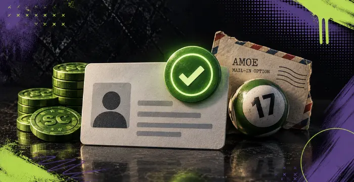 Verified ID with Sweeps Coins, AMOE mail-in envelope, and Keno ball 17