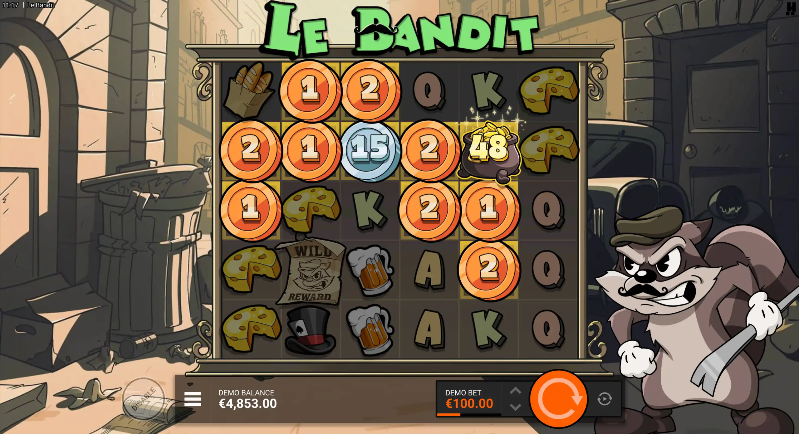Le Bandit slot bonus with numbered coins, Wild Reward, cheese, and raccoon thief