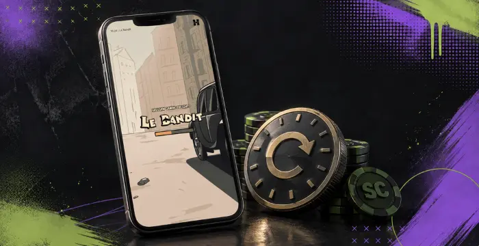 Le Bandit slot on mobile with spin icon and Sweeps Coins stacked beside it