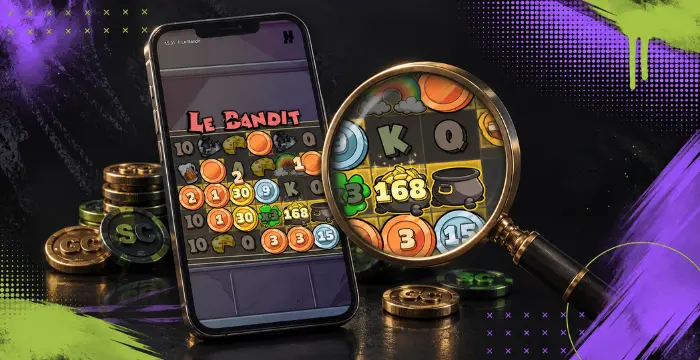 Le Bandit slot on mobile with magnified bonus coins and Sweeps Coins stacked nearby