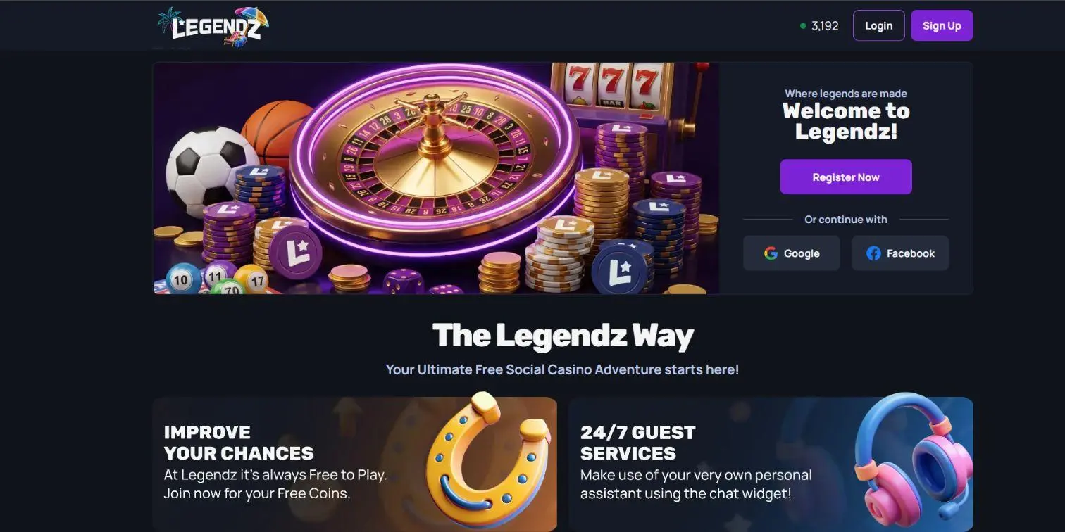 Legendz sweepstakes casino page with casino games, coins and registration options.