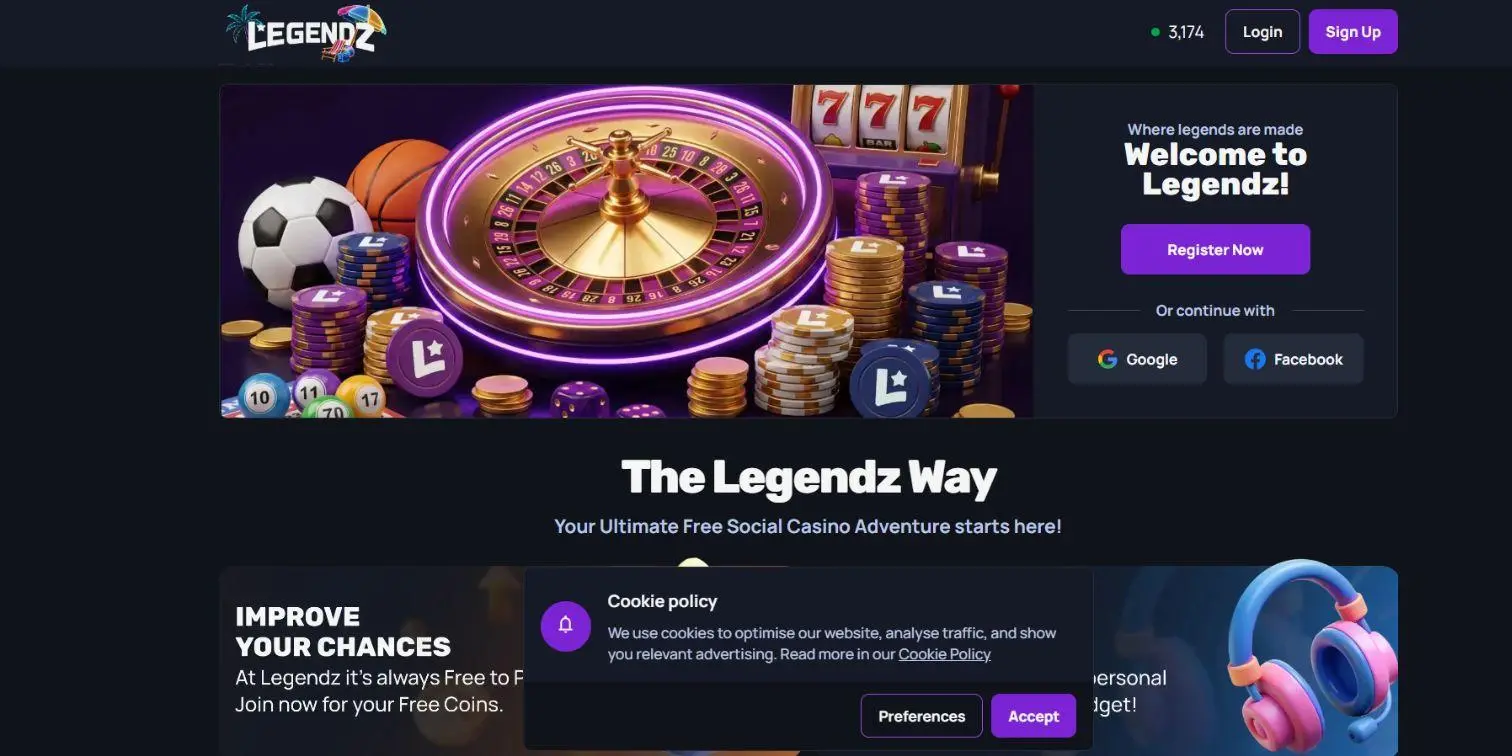 Legendz social sportsbook homepage with sports icons, casino games and registration options.