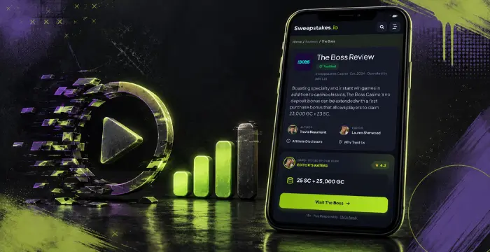 The Boss casino review on mobile with play icon, rating bars, and bonus details