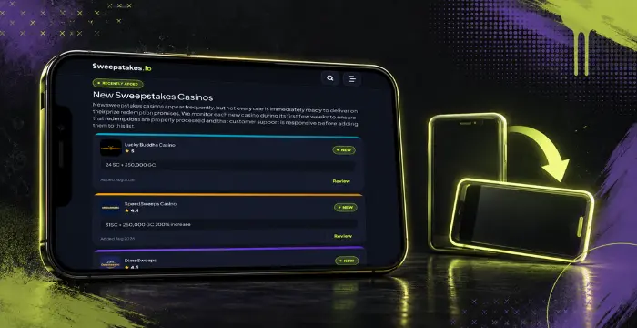 New sweepstakes casinos list on mobile with device rotation graphic