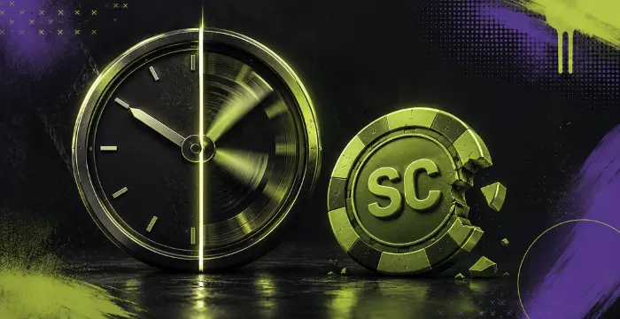 Clock beside a cracked Sweeps Coin representing sweepstakes time limits and expiring rewards
