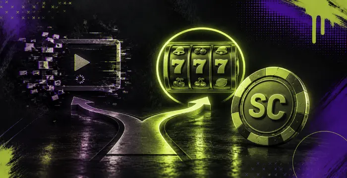 Live casino gaming path with play icon, slot machine, and Sweeps Coin reward