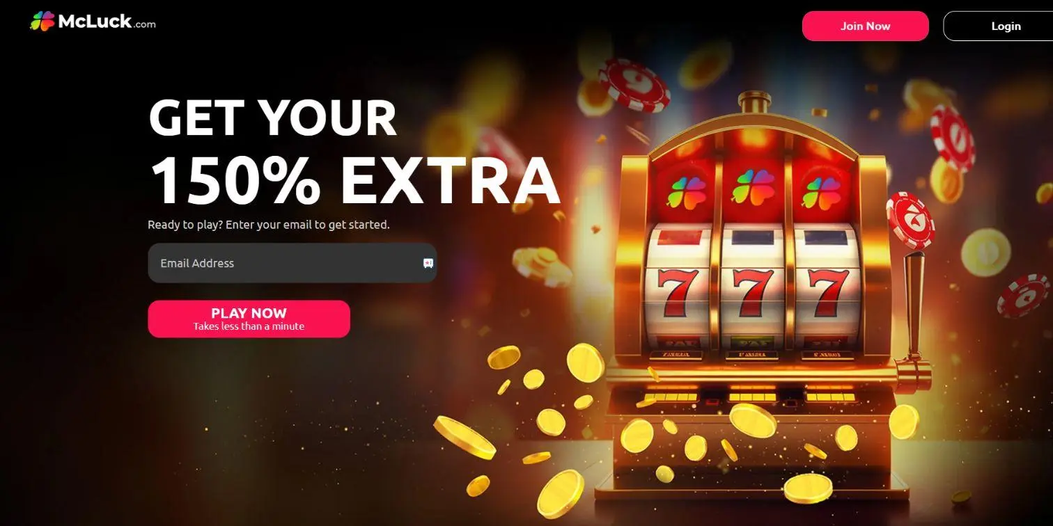McLuck sweepstakes casino welcome offer with slot machine and bonus promotion.