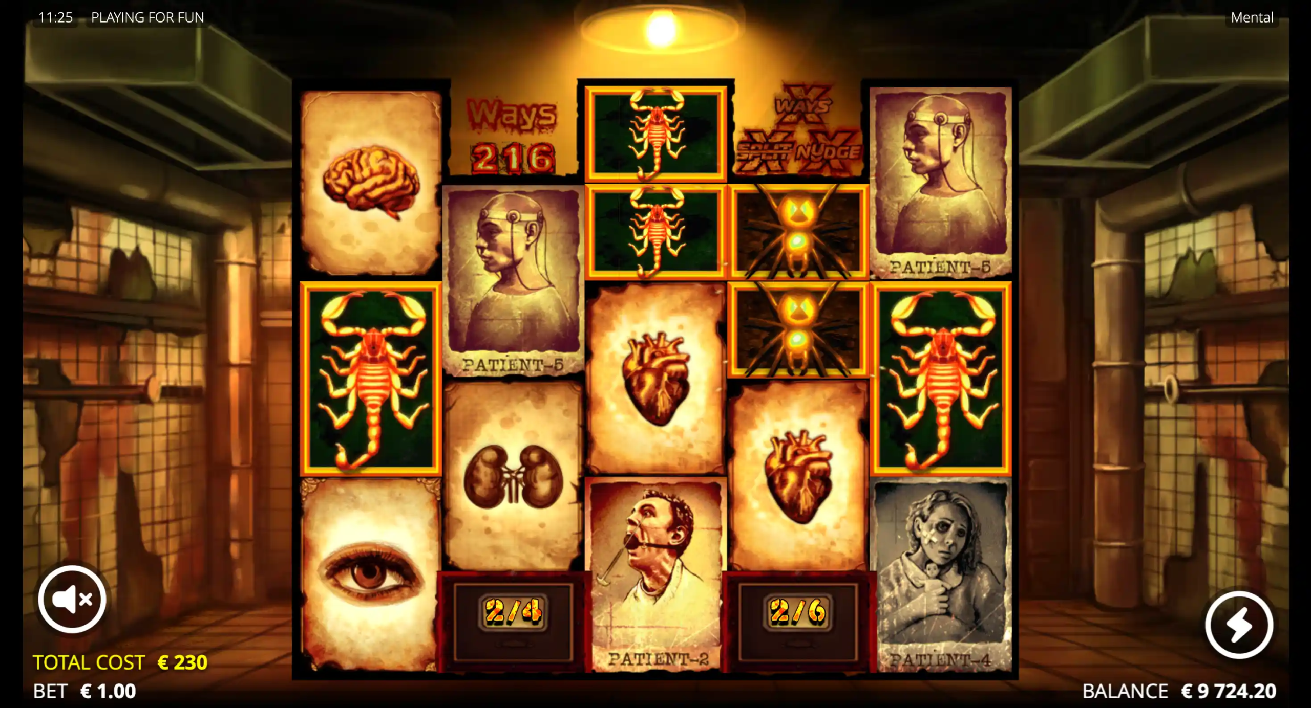 Mental slot game with scorpion symbols, patient icons, organ reels, and €230 total cost