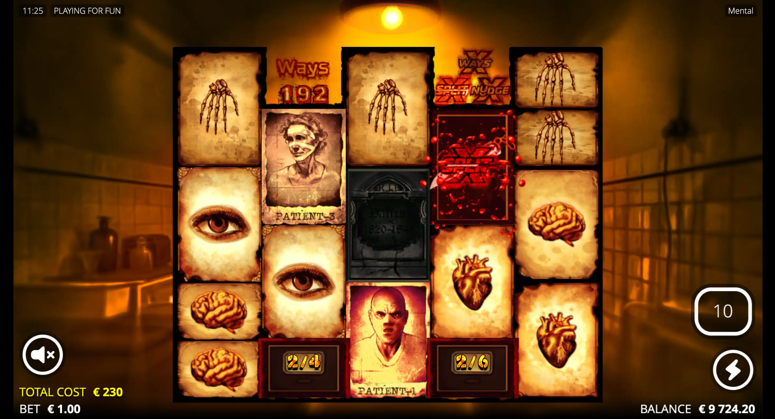 Mental slot game with patient symbols, organ icons, xWays feature, and €230 total cost