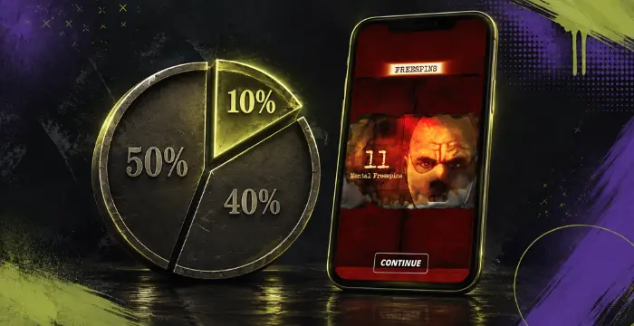 Mental slot free spins screen with 50%, 40%, and 10% feature odds shown beside mobile gameplay