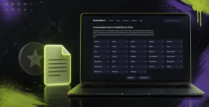 Laptop displaying casino availability by state with star and document