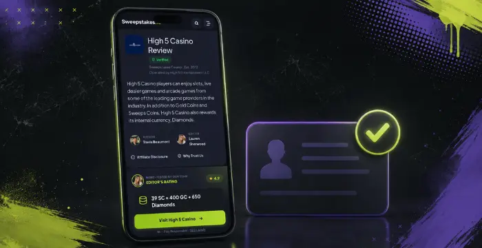 Phone showing High 5 Casino Review with verified ID card