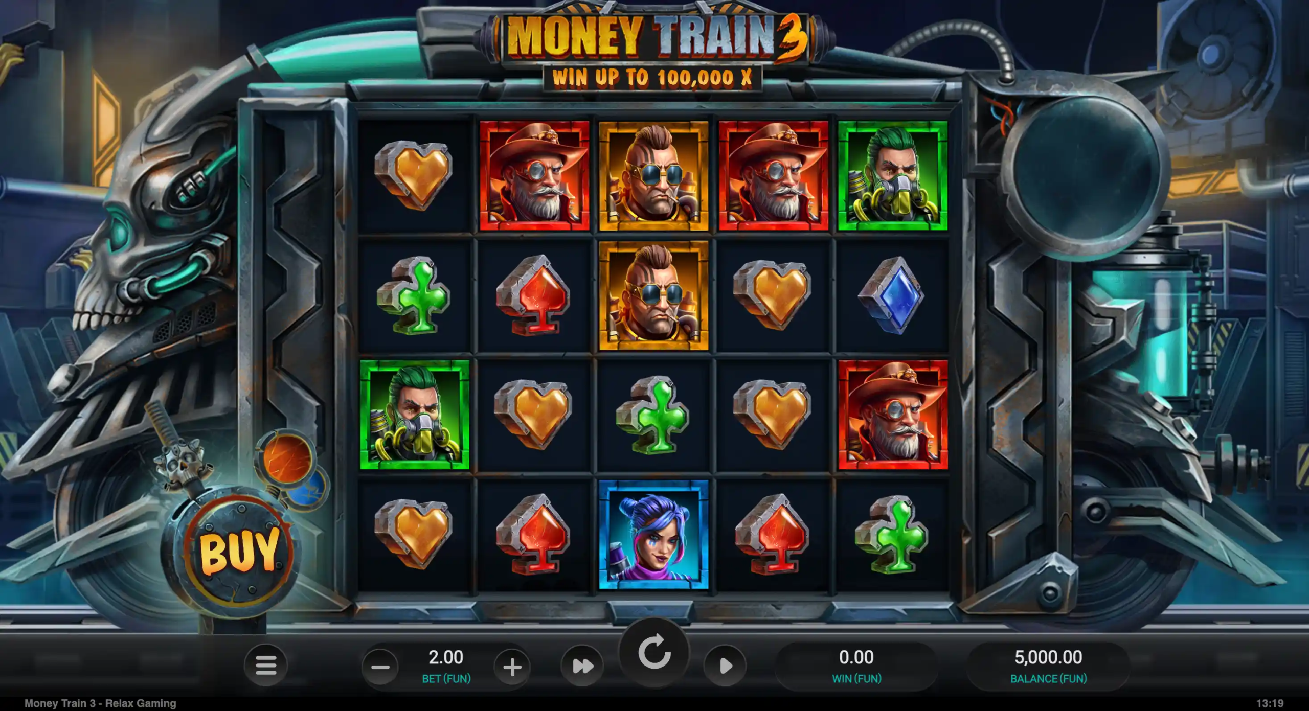 Money Train 3 slot game with character symbols, buy feature, and up to 100,000x wins