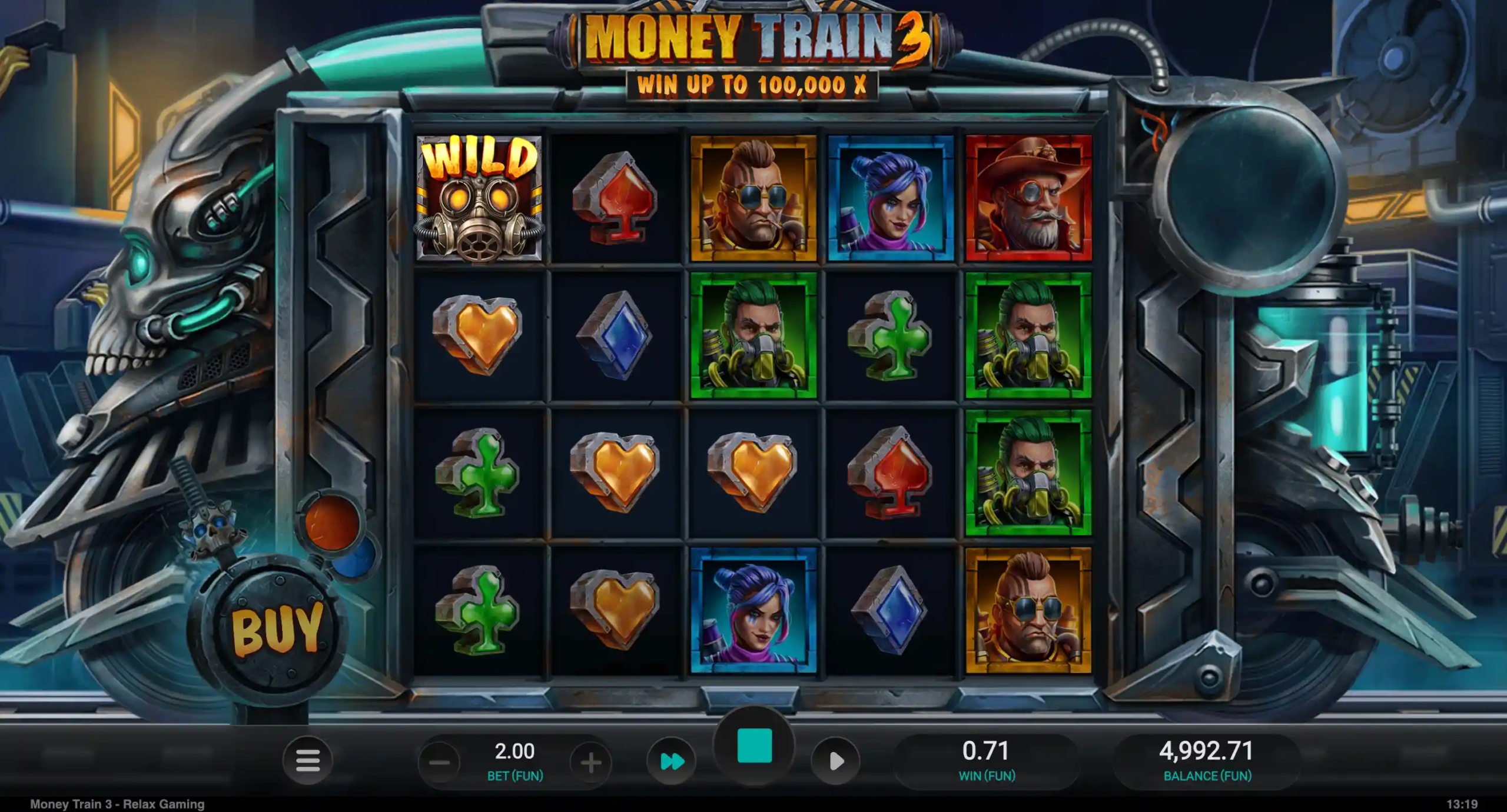 Money Train 3 slot with Wild symbol, character reels, buy feature, and 0.71 FUN win